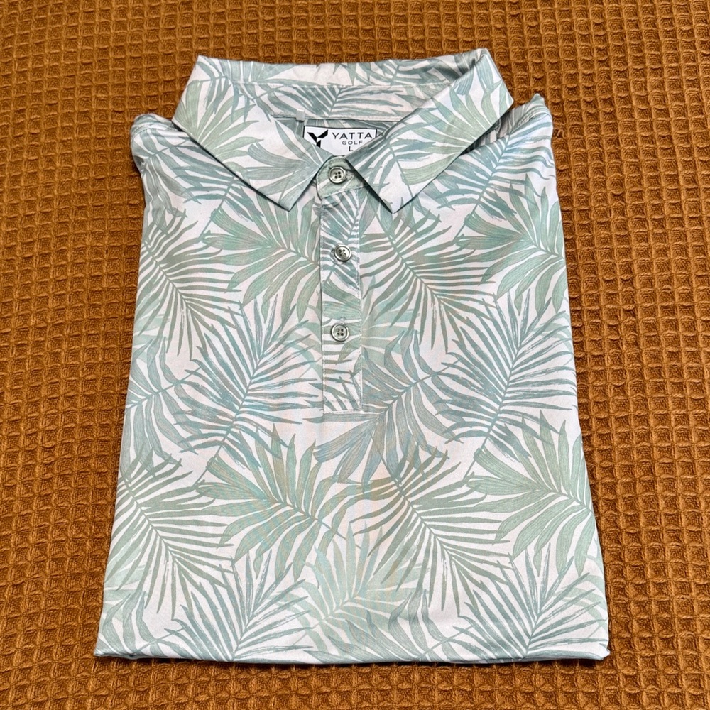 Yatta Golf Polo Shirt Green Palm Leaf Mens Large Stretch Wrinkle Resistant NWOT